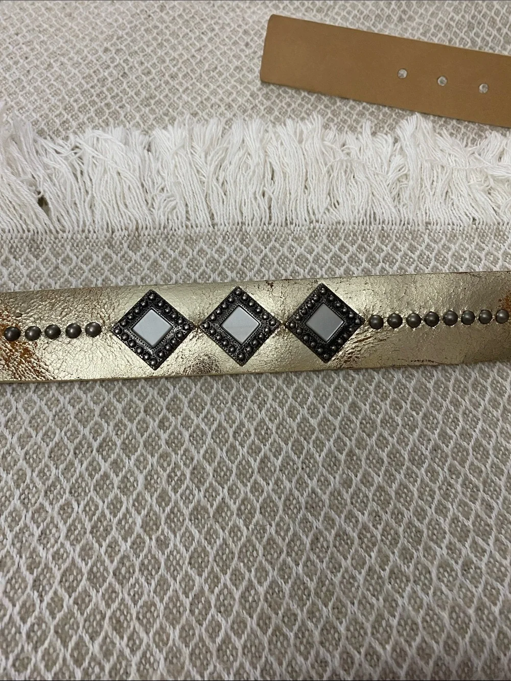 Another Line Inc. Italian Leather Metallic Gold Belt with Stud & Diamond Accents